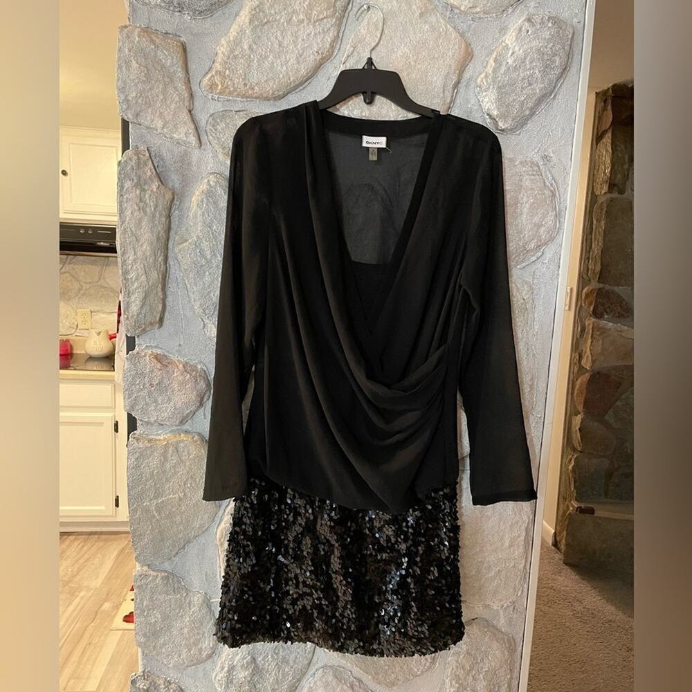 DKNYC Black Formal Long Sleeve Sheer Sequin Party Dress- Size Medium